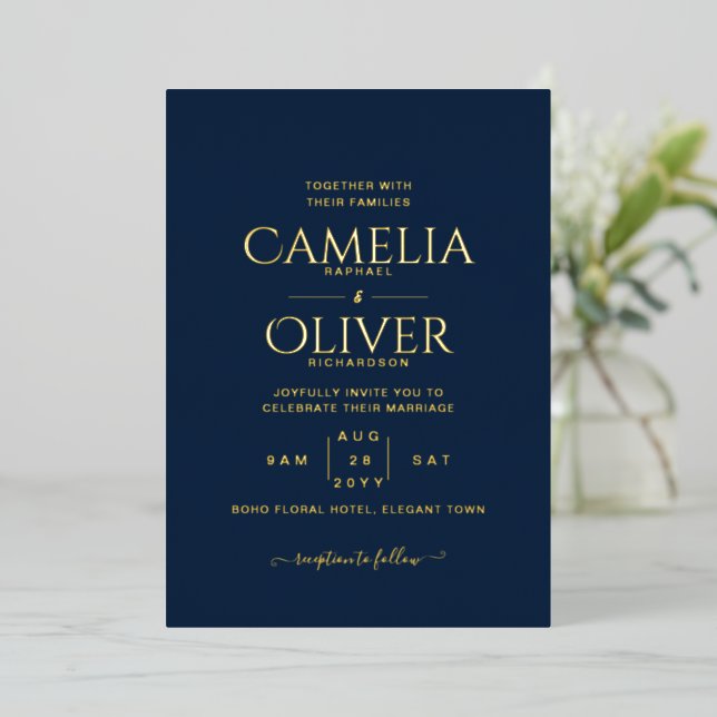 Classic GOLD FOIL Text Navy Wedding Elegant Foil Invitation (Standing Front)