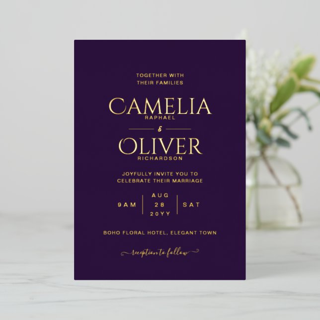 Classic GOLD FOIL Text Plum Purple Wedding Elegant Foil Invitation (Standing Front)