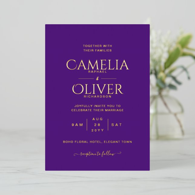 Classic GOLD FOIL Text Purple Wedding Elegant Foil Invitation (Standing Front)