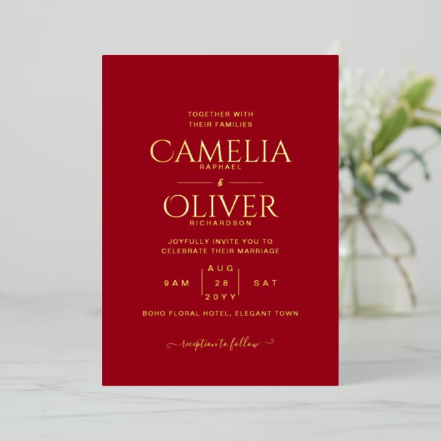 Classic GOLD FOIL Text Red Wedding Elegant Foil Invitation (Standing Front)