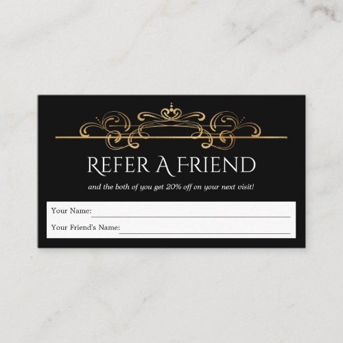 Classic Gold Foil Vintage Swirls Black Elegant Referral Card