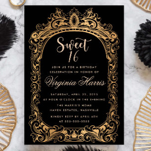 Classic Gold Frame Black Sweet Sixteen 16 Birthday Invitation