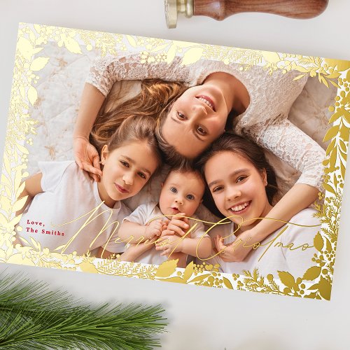 classic gold frame Merriest Christmas One Photo Foil Holiday Card