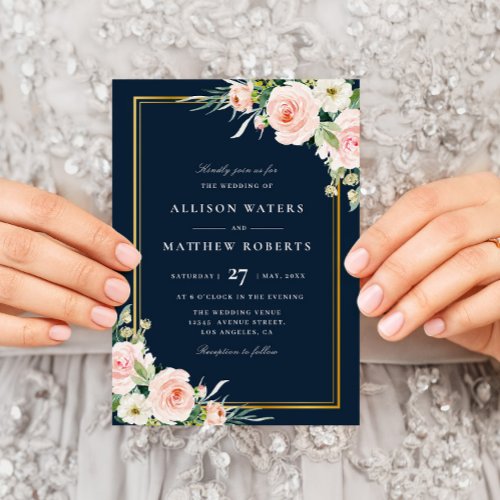 classic gold frame navy  blush floral wedding invitation