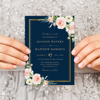 classic gold frame pink blush floral Navy wedding Invitation