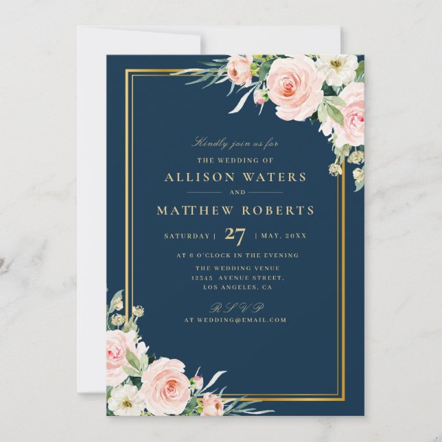 Classic Gold Frame Pink Blush Floral Navy Wedding Invitation (Front)