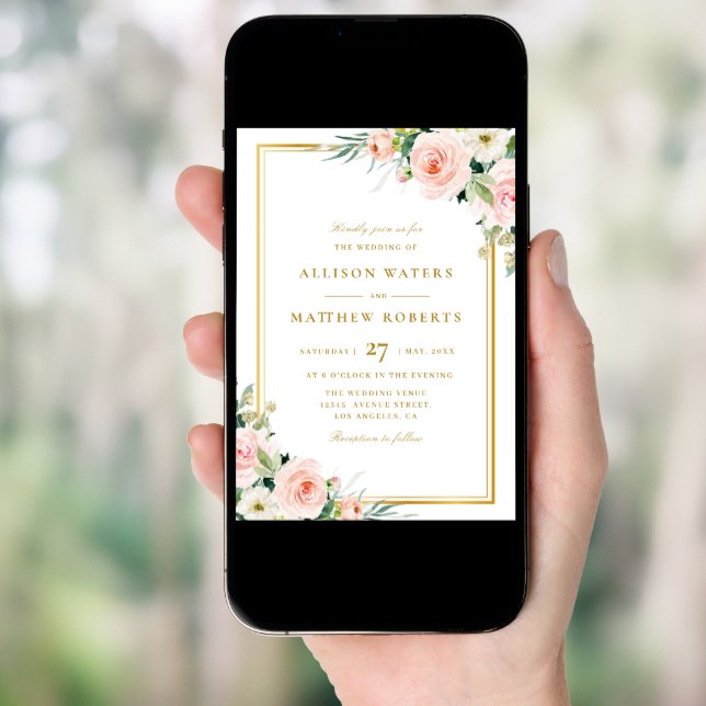 classic gold frame pink blush floral wedding invitation (Front Digital)