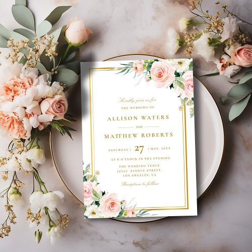 classic gold frame pink blush floral wedding invitation