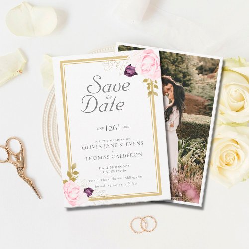Classic Gold Frame Rustic Photo Wedding Save Date Invitation
