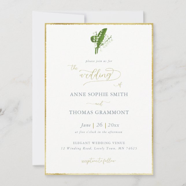 Classic Gold Frame Spring Lily of Valley Wedding Invitation (Front)