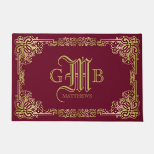 Classic Gold Frame Wedding Monogram Burgundy Doormat