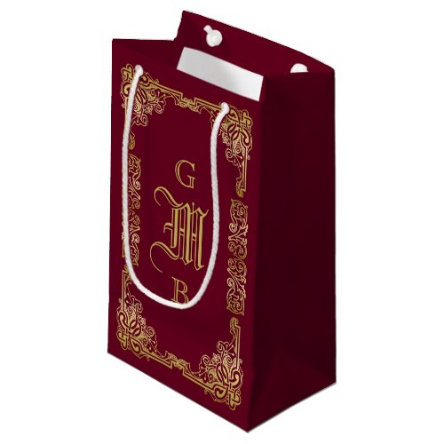 Classic Gold Frame Wedding Monogram Burgundy Small Gift Bag