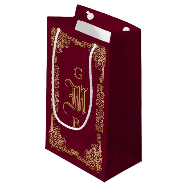 Classic Gold Frame Wedding Monogram Burgundy Small Gift Bag (Front Angled)