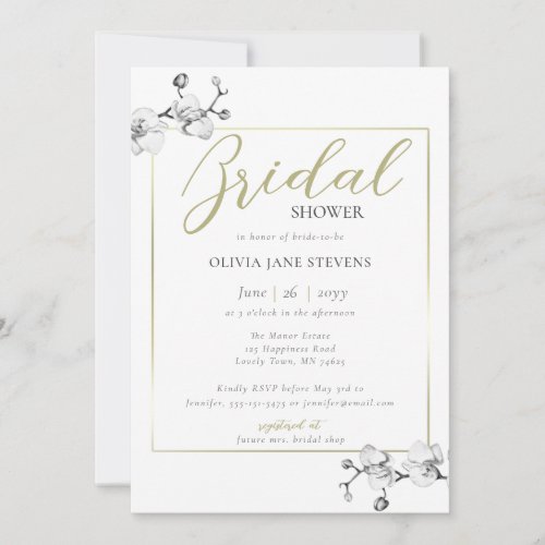 Classic Gold Frame White Orchid BW Bridal Shower Invitation