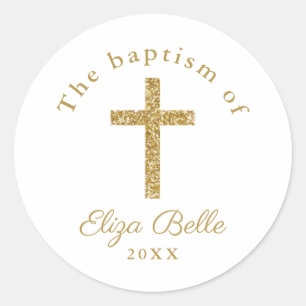 Classic Gold Glitter Cross Baptism Round Sticker
