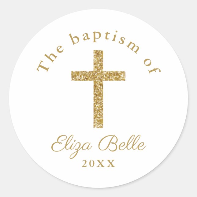 Classic Gold Glitter Cross Baptism Round Sticker (Front)