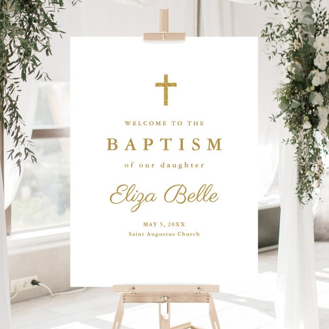 Classic Gold Glitter Cross Baptism Welcome Foam Board (Simple gold cross baptism welcome sign.)