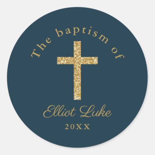 Classic Gold Glitter Cross Boys Baptism Classic Round Sticker