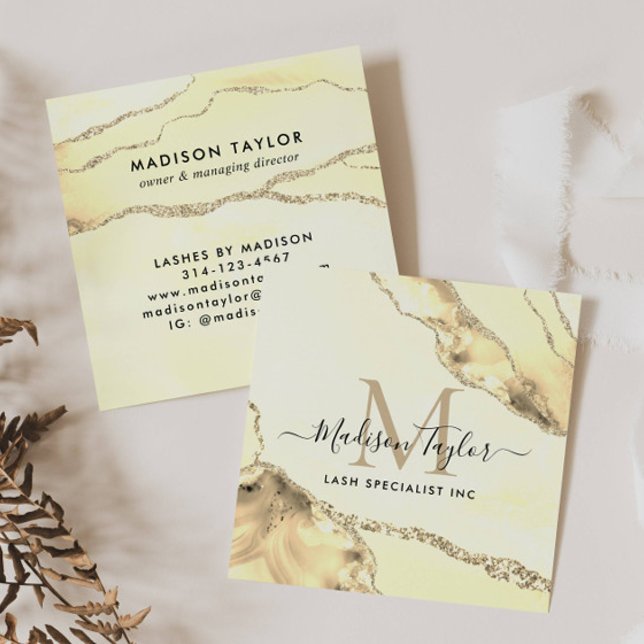 Classic Gold Glitter Marble Agate Chic Monogram Square Business Card (Creator Uploaded)