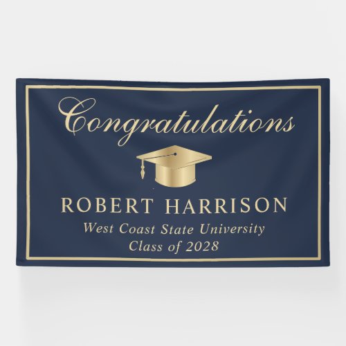 Classic Gold Grad Cap Blue Graduation Welcome Banner