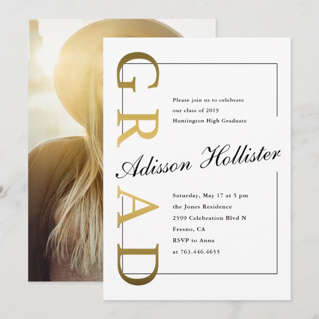 Classic Gold GRAD Photo Graduation Party Invitation (Front/Back)