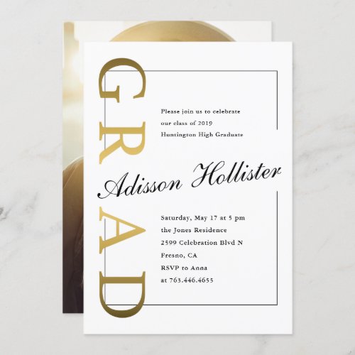 Classic Gold GRAD Photo Graduation Party Invitation
