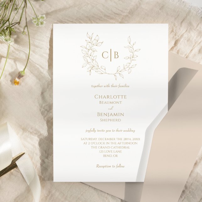 Classic Gold Greenery Monogram Wedding Invitation (Creator Uploaded)