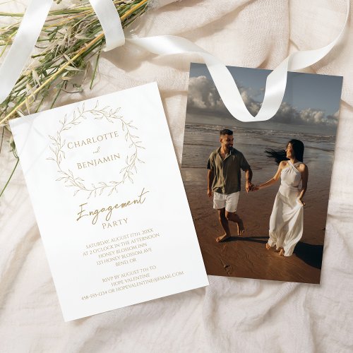 Classic Gold Greenery Photo Engagement Party Invitation