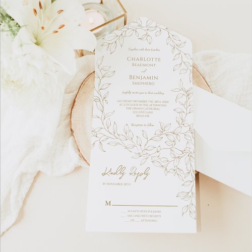Classic Gold Greenery Wedding All In One Invitation
