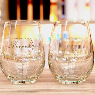 Classic Gold Greenery Wedding Bridal Party Stemless Wine Glass