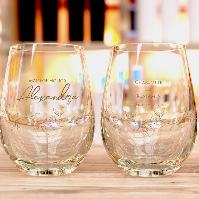 Classic Gold Greenery Wedding Bridal Party Stemless Wine Glass (Creator Uploaded)