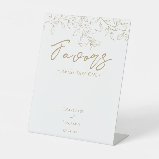 Classic Gold Greenery Wedding Favors Pedestal Sign (Front)
