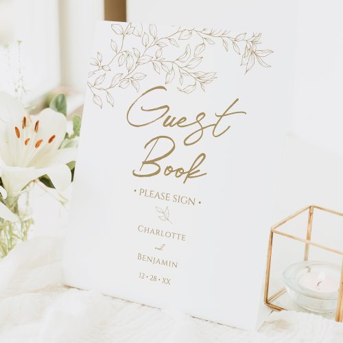 Classic Gold Greenery Wedding Guest Book Pedestal Sign