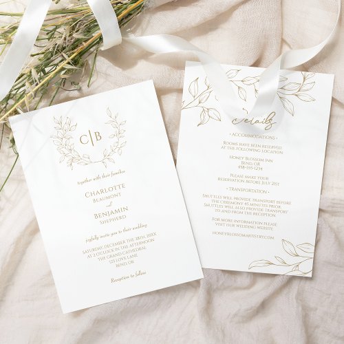 Classic Gold Greenery Wedding Monogram All in One Invitation
