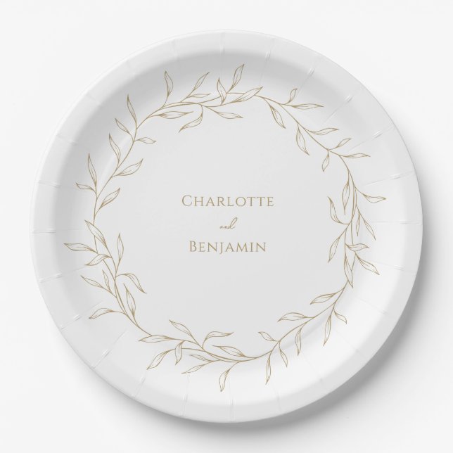 Classic Gold Greenery Wedding Paper Plates (Front)