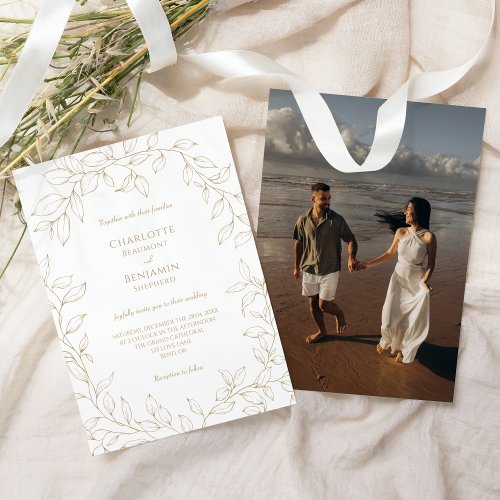 Classic Gold Greenery Wedding Photo Invitation