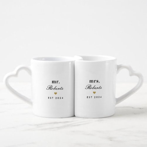 Classic Gold Heart Mr and Mrs Newlywed Gift Coffee Mug Set