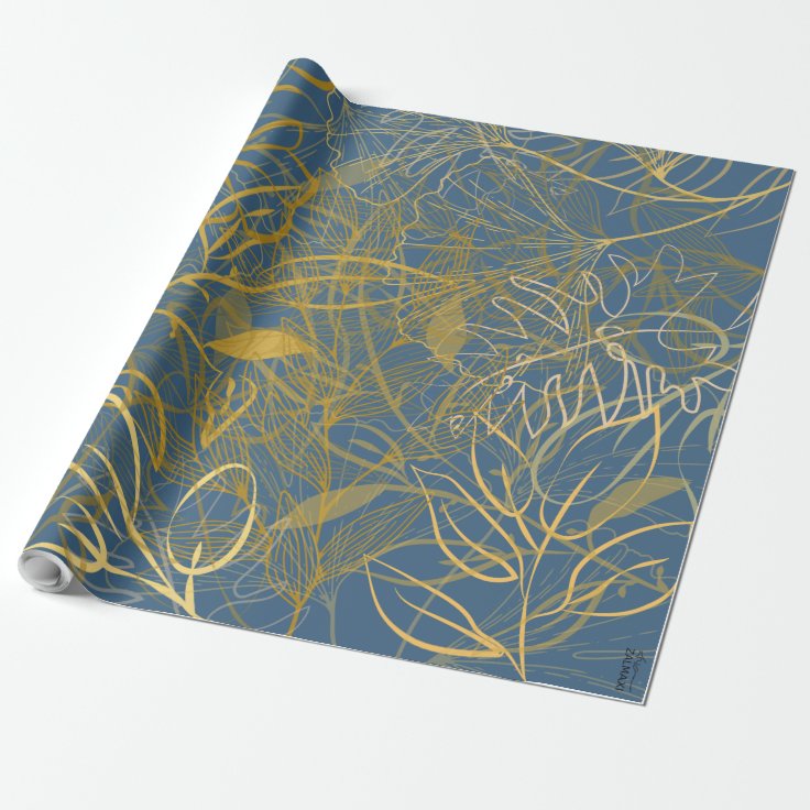 Classic Gold Leaf Blue Background Wrapping Paper Zazzle