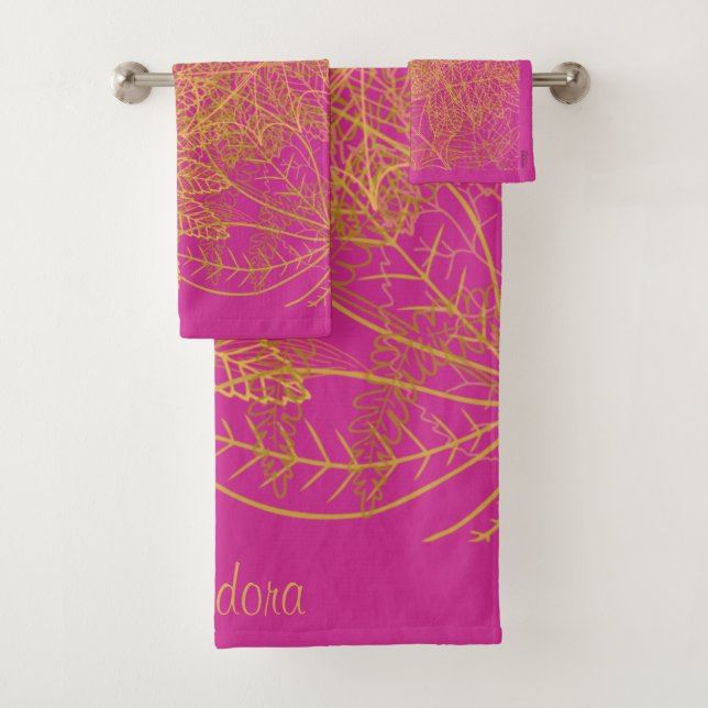 Classic Gold Leaf Fuchsia Background Bath Towel Set (Insitu)