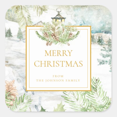 Classic Gold Merry Christmas Watercolor Snow Scene Square Sticker