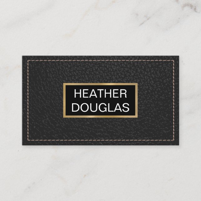 Classic Gold Metallic | Black Stitched Leather Business Card (Front)