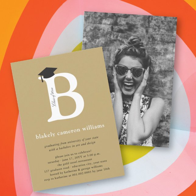 Classic Gold Monogram 'B' Black Grad Cap Senior Invitation (Creator Uploaded)