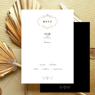classic gold monogram black white wedding RSVP card
