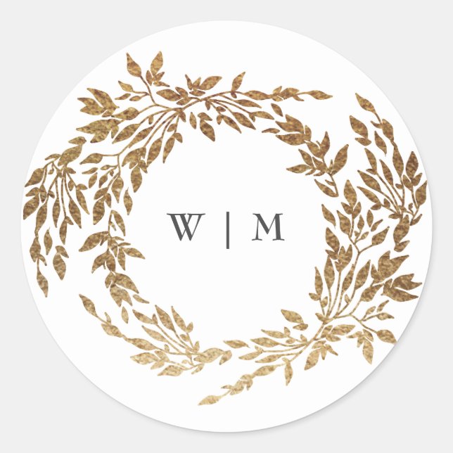 Classic Gold Monogram Botanical Crest Wedding Classic Round Sticker (Front)