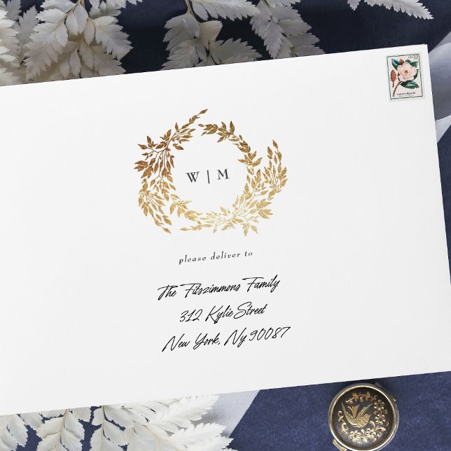 Classic Gold Monogram Botanical Crest Wedding Envelope (Creator Uploaded)