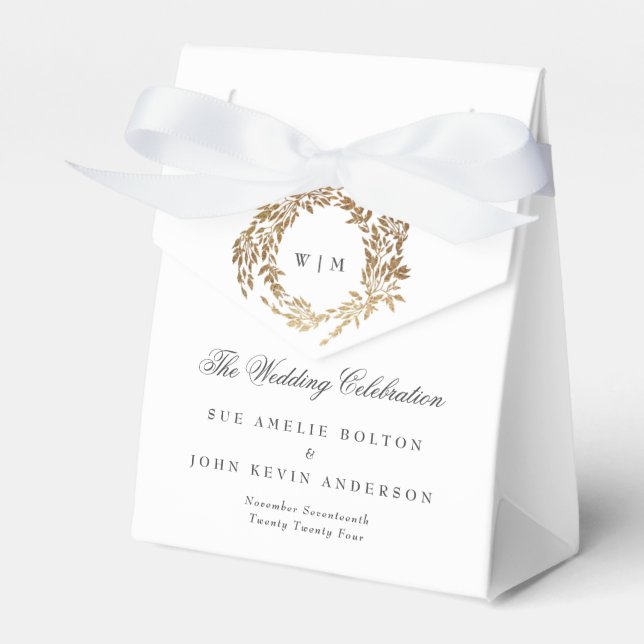 Classic Gold Monogram Botanical Crest Wedding Favor Boxes (Front Side)
