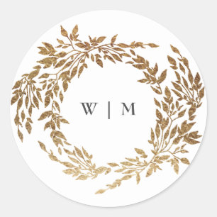 Classic Gold Monogram Botanical Crest Wedding Round Sticker