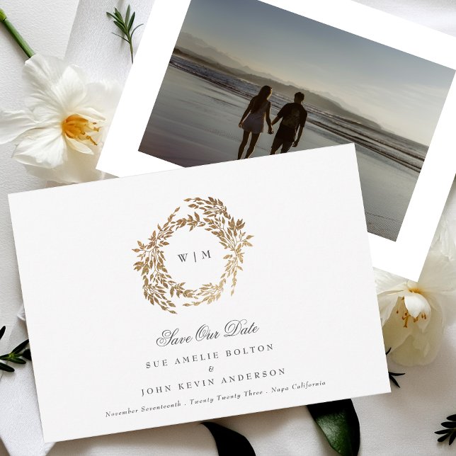Classic Gold Monogram Botanical Crest Wedding Save The Date (Creator Uploaded)