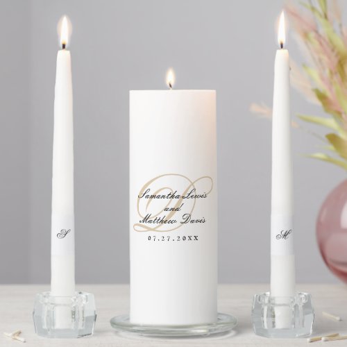 Classic Gold Monogram Couple Names Wedding Unity Candle Set