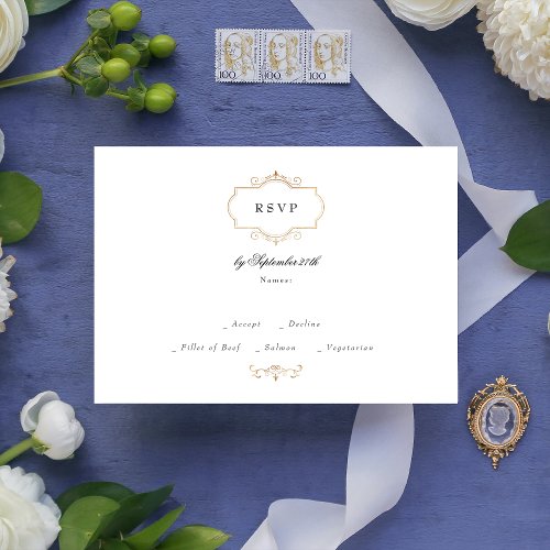 classic gold monogram website QR CODE BACK wedding RSVP Card